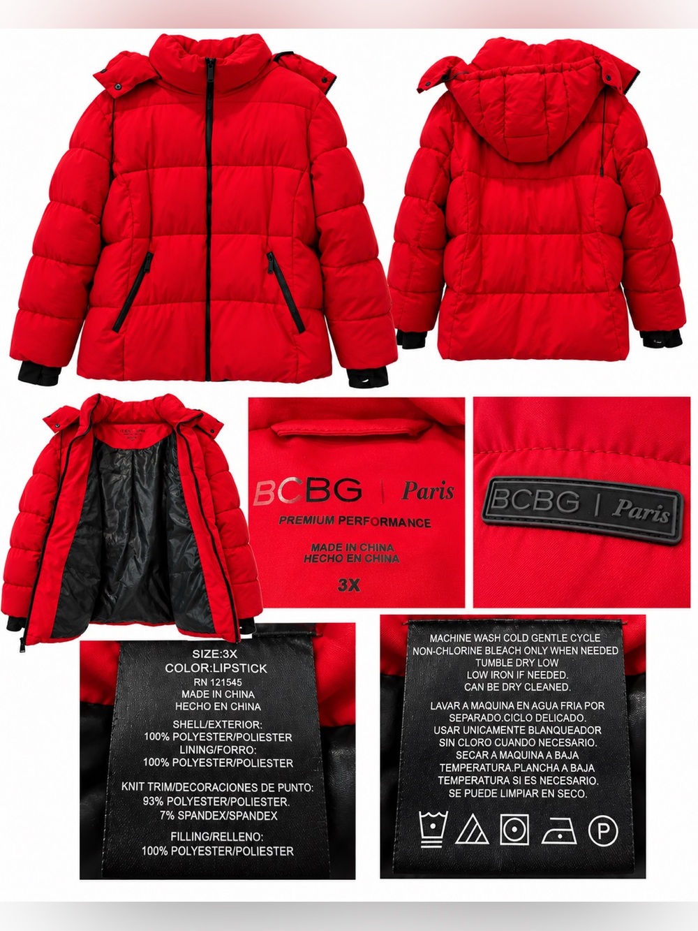 BCBG Paris Red Puffer Jacket 3X Hooded Winter Coat